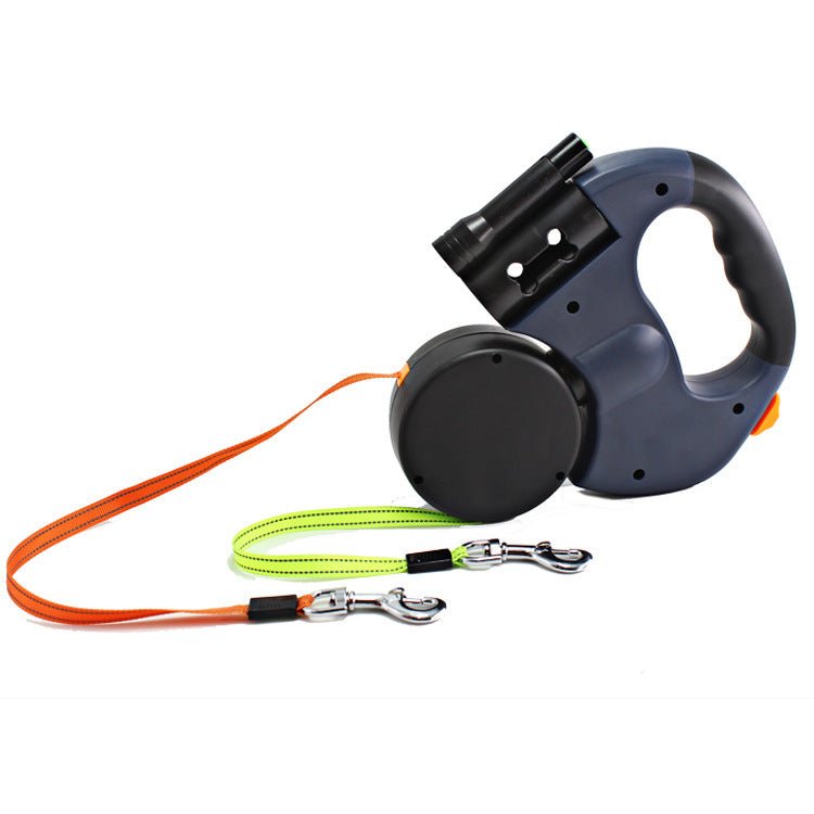 Dual Dog Leash with Flashlight & Waste Bag Dispenser - 2 - in - 1 Retractable - Freddie & Wilson