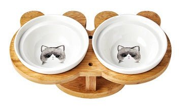 Elevated Ceramic Cat Bowl Set with Wooden Stand - Double Bowl Feeding Station - Freddie & Wilson