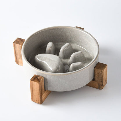 Japanese Ceramic Pet Bowl with Wooden Stand - Elevated Cat & Dog Feeder - Freddie & Wilson