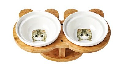 Elevated Ceramic Cat Bowl Set with Wooden Stand - Double Bowl Feeding Station - Freddie & Wilson