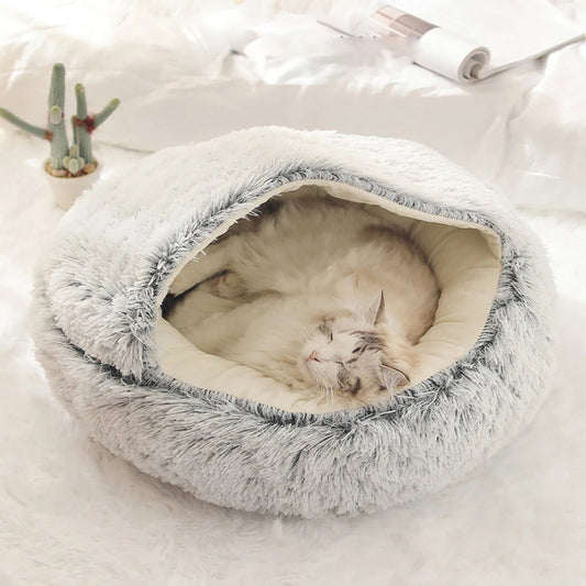 Plush Hooded Pet Bed - Round Fluffy Soft Cat & Dog 2 - in - 1 Sleeping Nest Cave - Freddie & Wilson