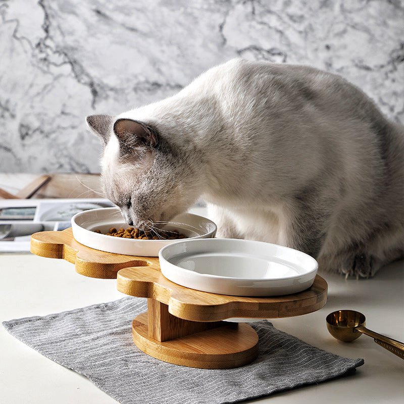 Elevated Ceramic Cat Bowl Set with Wooden Stand - Double Bowl Feeding Station - Freddie & Wilson