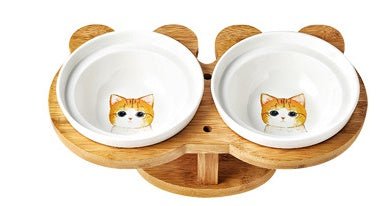 Elevated Ceramic Cat Bowl Set with Wooden Stand - Double Bowl Feeding Station - Freddie & Wilson