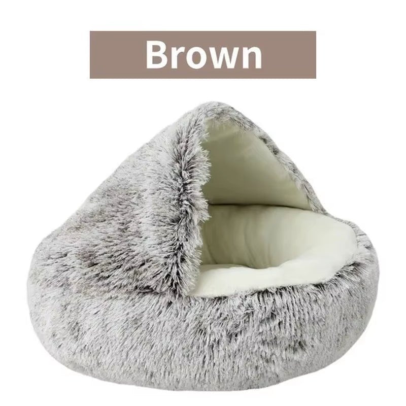 Plush Hooded Pet Bed - Round Fluffy Soft Cat & Dog 2 - in - 1 Sleeping Nest Cave - Freddie & Wilson