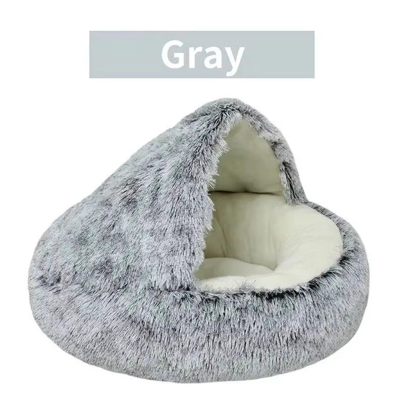 Plush Hooded Pet Bed - Round Fluffy Soft Cat & Dog 2 - in - 1 Sleeping Nest Cave - Freddie & Wilson