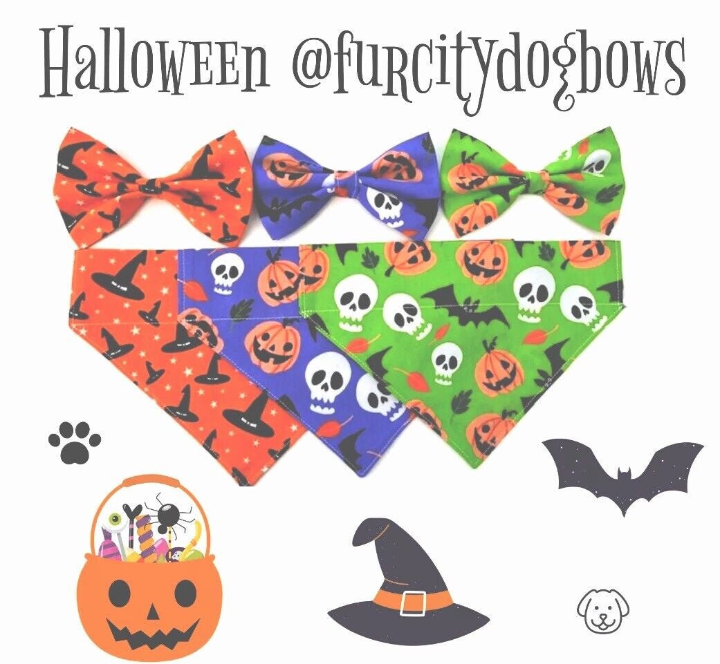 Halloween Dog Collar Accessories Bow & Bandana Handmade in UK. Multi Sizes - Freddie & Wilson