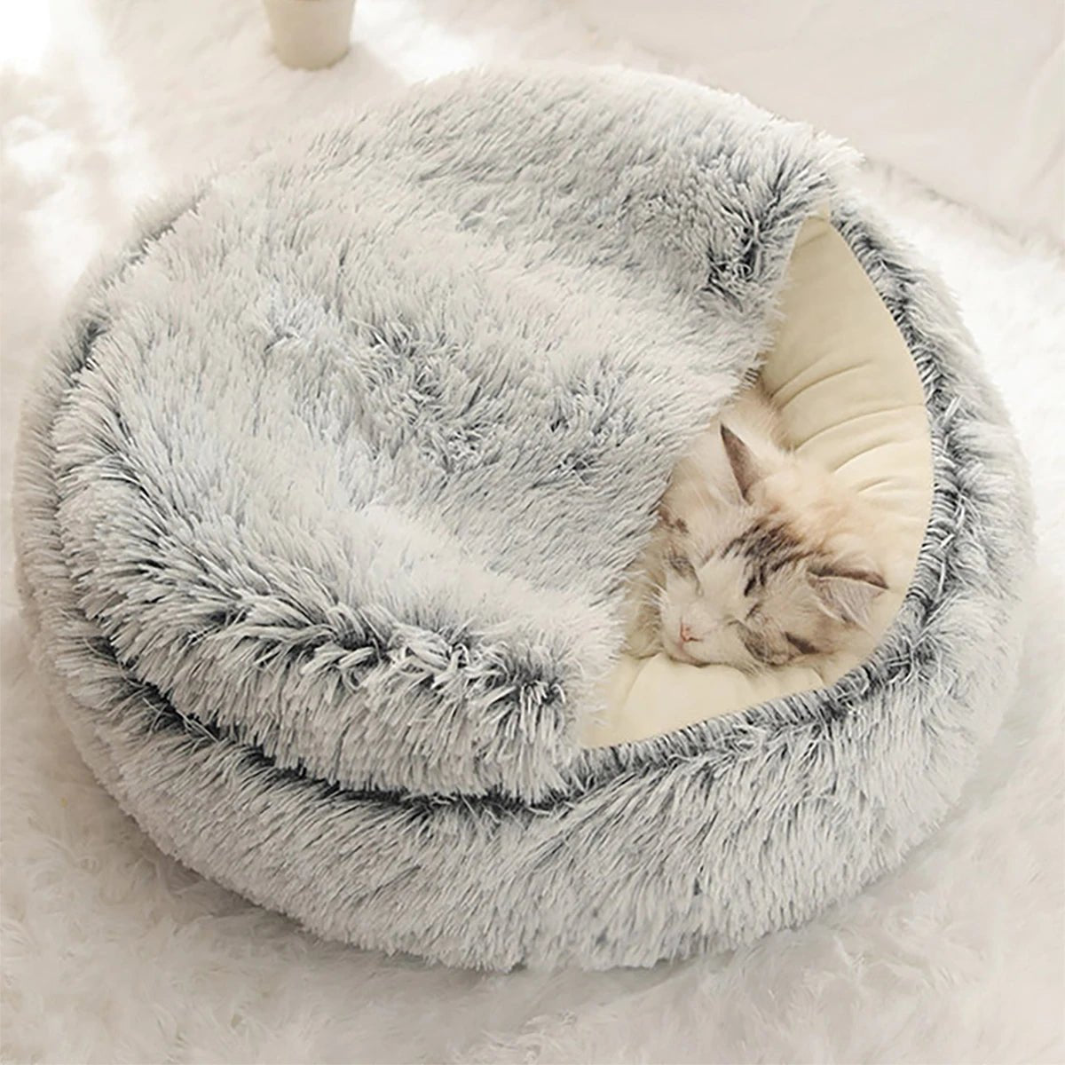 Plush Hooded Pet Bed - Round Fluffy Soft Cat & Dog 2 - in - 1 Sleeping Nest Cave - Freddie & Wilson