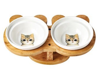 Elevated Ceramic Cat Bowl Set with Wooden Stand - Double Bowl Feeding Station - Freddie & Wilson
