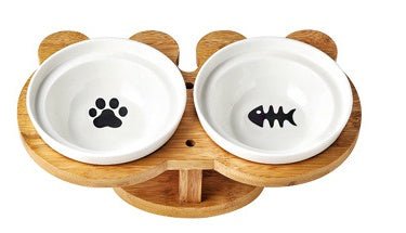 Elevated Ceramic Cat Bowl Set with Wooden Stand - Double Bowl Feeding Station - Freddie & Wilson