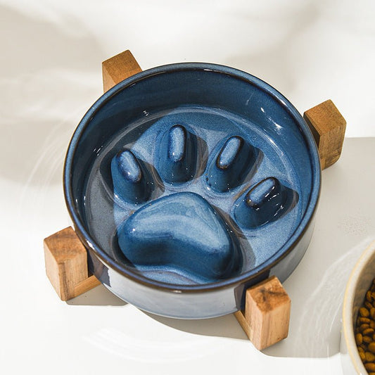 Japanese Ceramic Pet Bowl with Wooden Stand - Elevated Cat & Dog Feeder - Freddie & Wilson